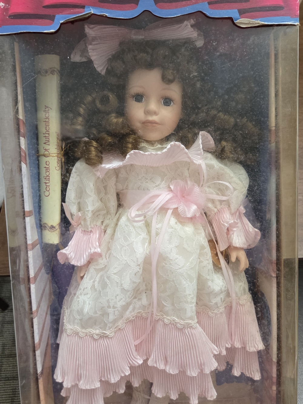 Collector's Choice Porcelain Doll in White and Pink Lace Dress